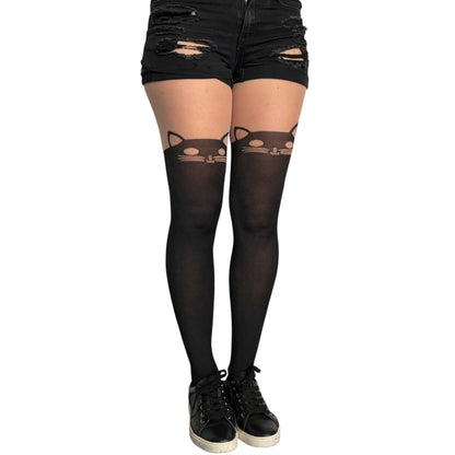 Malka Chic black cat illusion tights for women shown with black shorts and pointed toe heels.