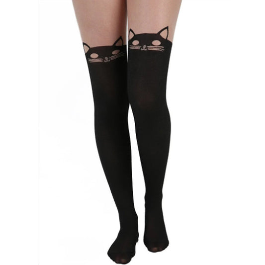 Black cat illusion thigh high tights for women featuring a cute cat face design by Malka Chic.