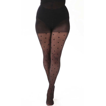 Plus size sheer black tights with black polka dot pattern for women.