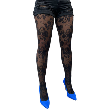 Black floral lace tights for women – elegant patterned tights