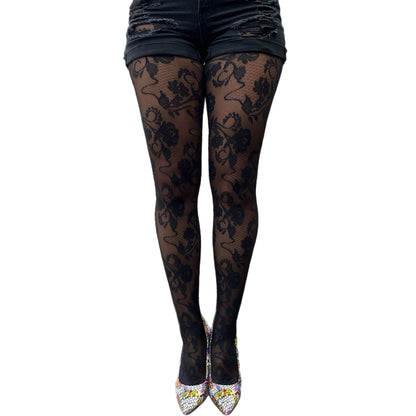 Woman wearing black flower lace tights elegant and feminine outfit Malka Chic