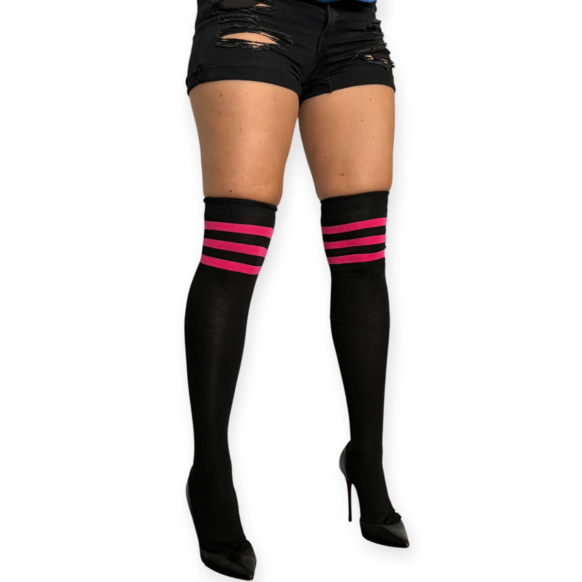 Front view of Malka Chic black thigh high socks for women featuring three fuchsia horizontal stripes and black pointed toe heels.