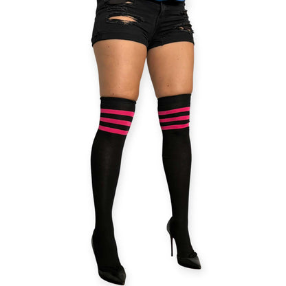 Front view of Malka Chic black thigh high socks for women featuring three fuchsia horizontal stripes and black pointed toe heels.