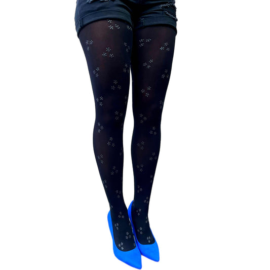 Black opaque tights glitter flower pattern women