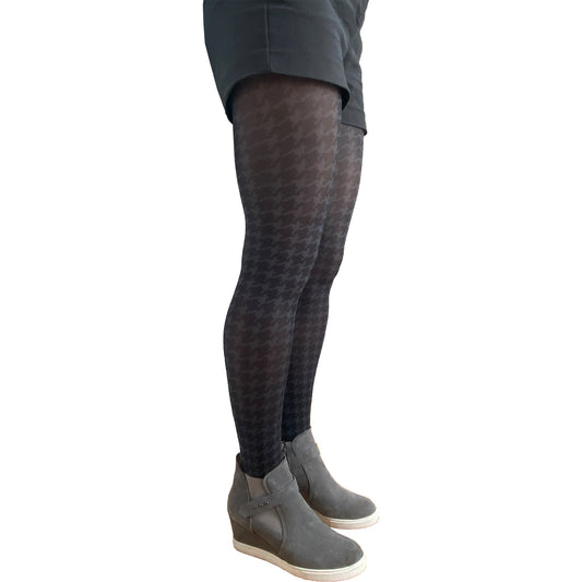 Monochrome patterned tights by Malka Chic with artistic dog tooth print
