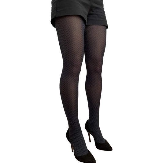 Black and gray herringbone patterned tights by Malka Chic, classic zigzag design hosiery for women’s outfits and everyday styling.