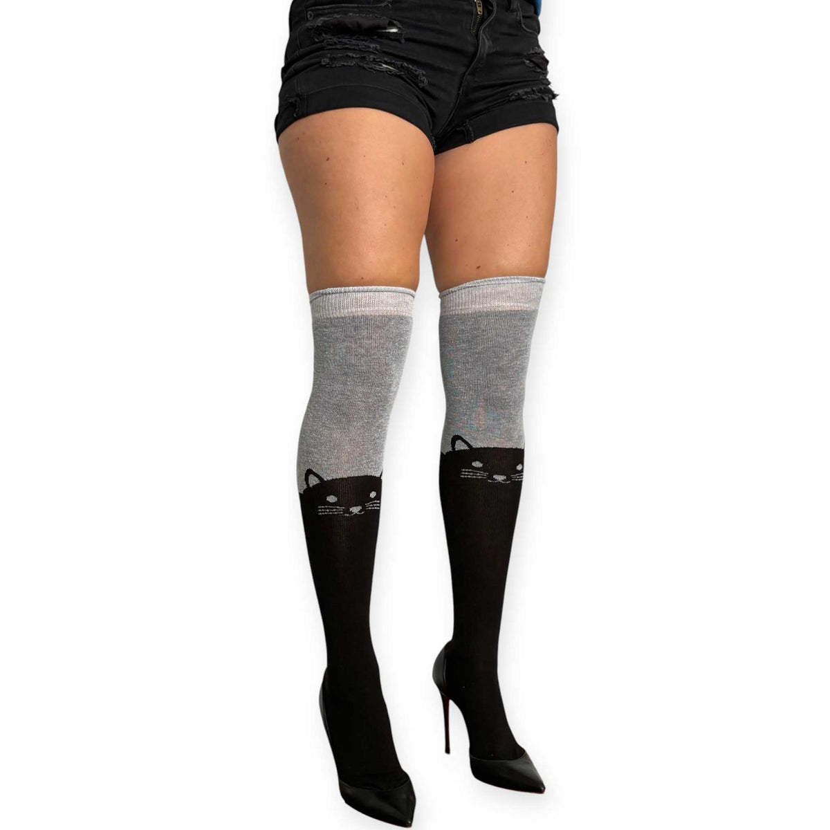 Black and gray cat over the knee socks for women by Malka Chic with playful cat face detail.