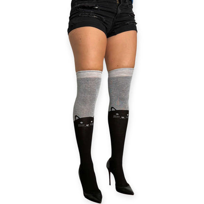 Black and gray cat over the knee socks for women by Malka Chic with playful cat face detail.