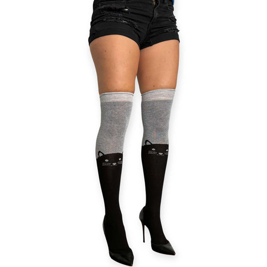 Black and gray cat over the knee socks for women by Malka Chic with playful cat face detail.