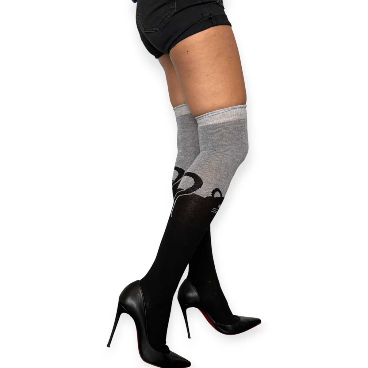 Black gray cat socks for women by Malka Chic with contrasting gray upper section and black lower leg.