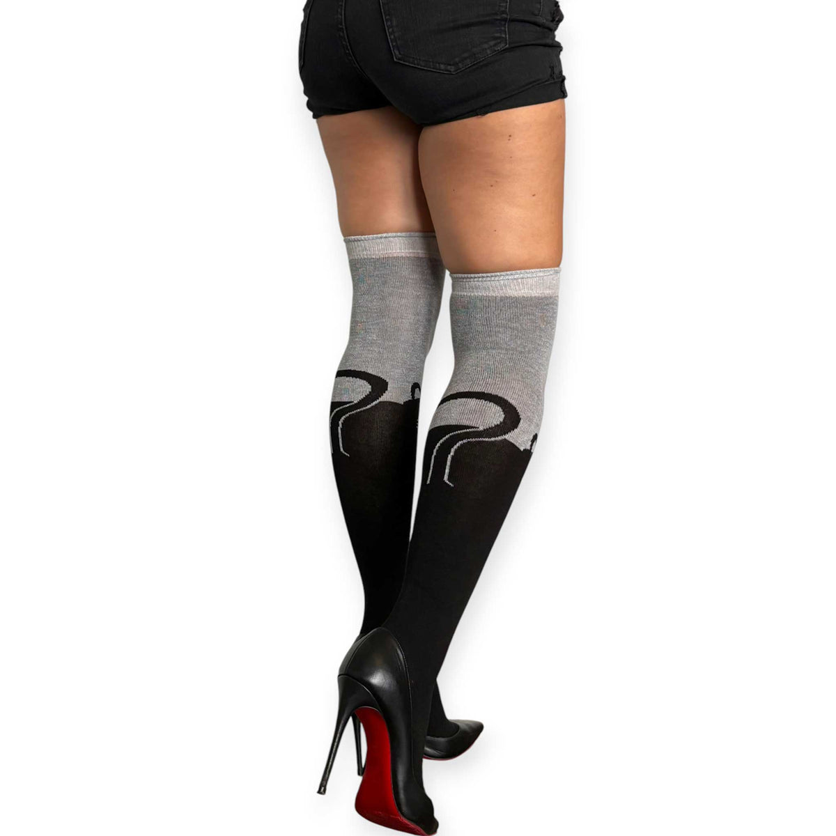 Malka Chic women’s gray and black thigh high socks featuring a cute black cat design at the knee.