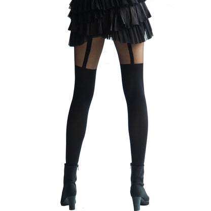 Black striped illusion thigh-high tights – opaque and sheer design for women