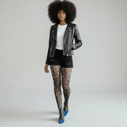 Black floral patterned tights for women by Malka Chic with small ditsy flowers for a soft and feminine look 2