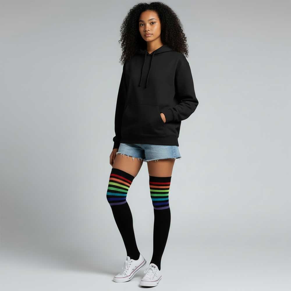 Fashionable black thigh high socks with bright rainbow stripes