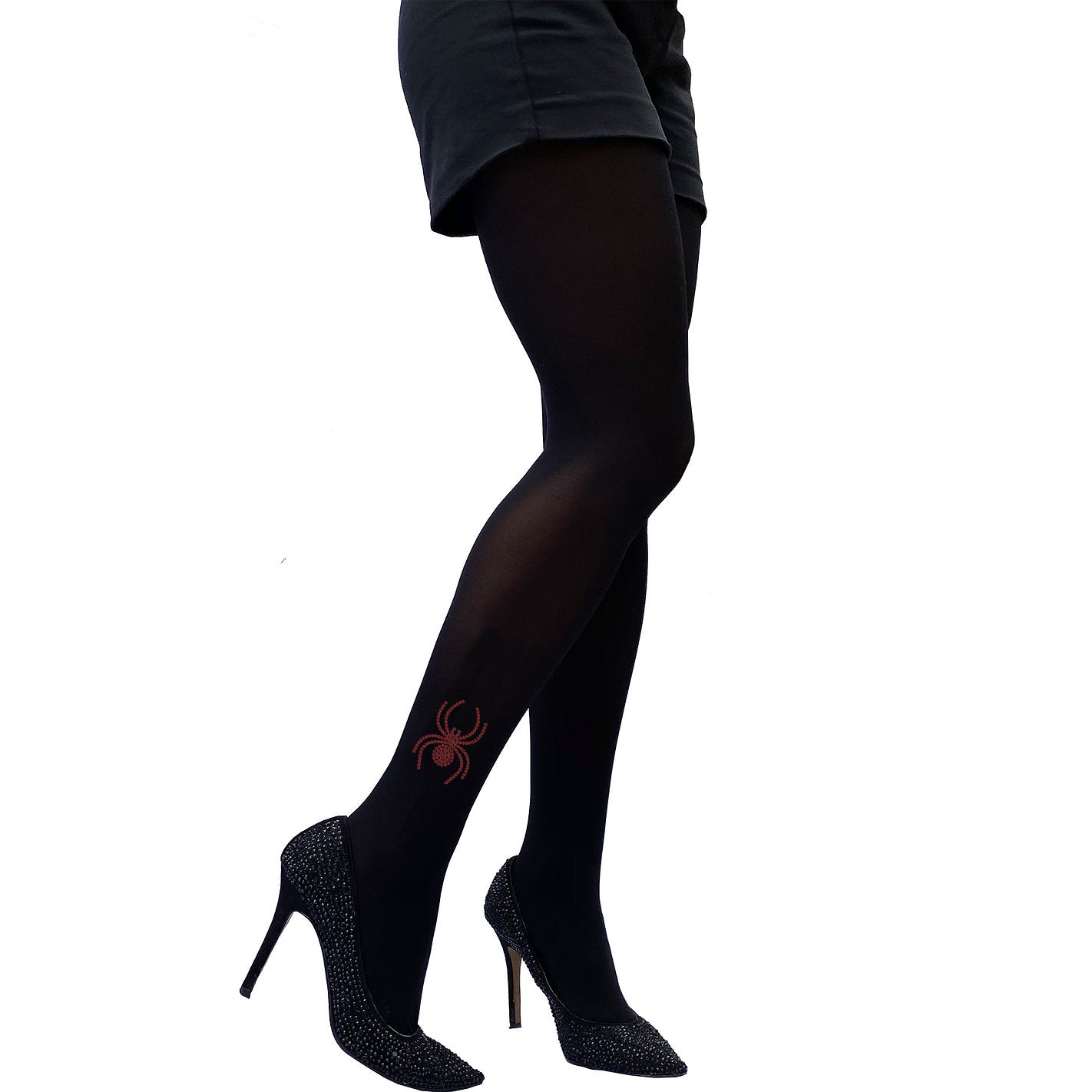 Black opaque tights with rhinestone spider ankle detail