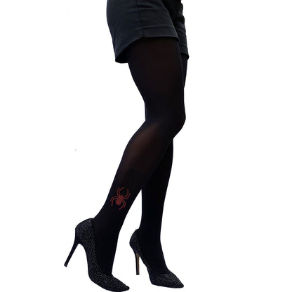 Black opaque tights with rhinestone spider ankle detail