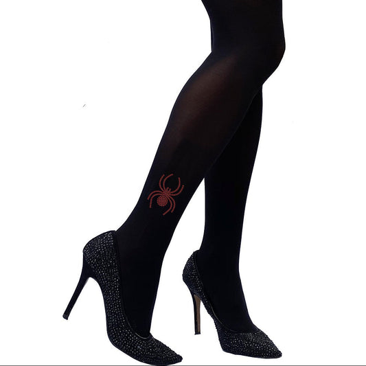 Black opaque tights with rhinestone spider ankle detail