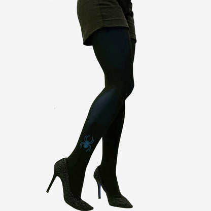 Black opaque tights with rhinestone spider ankle detail