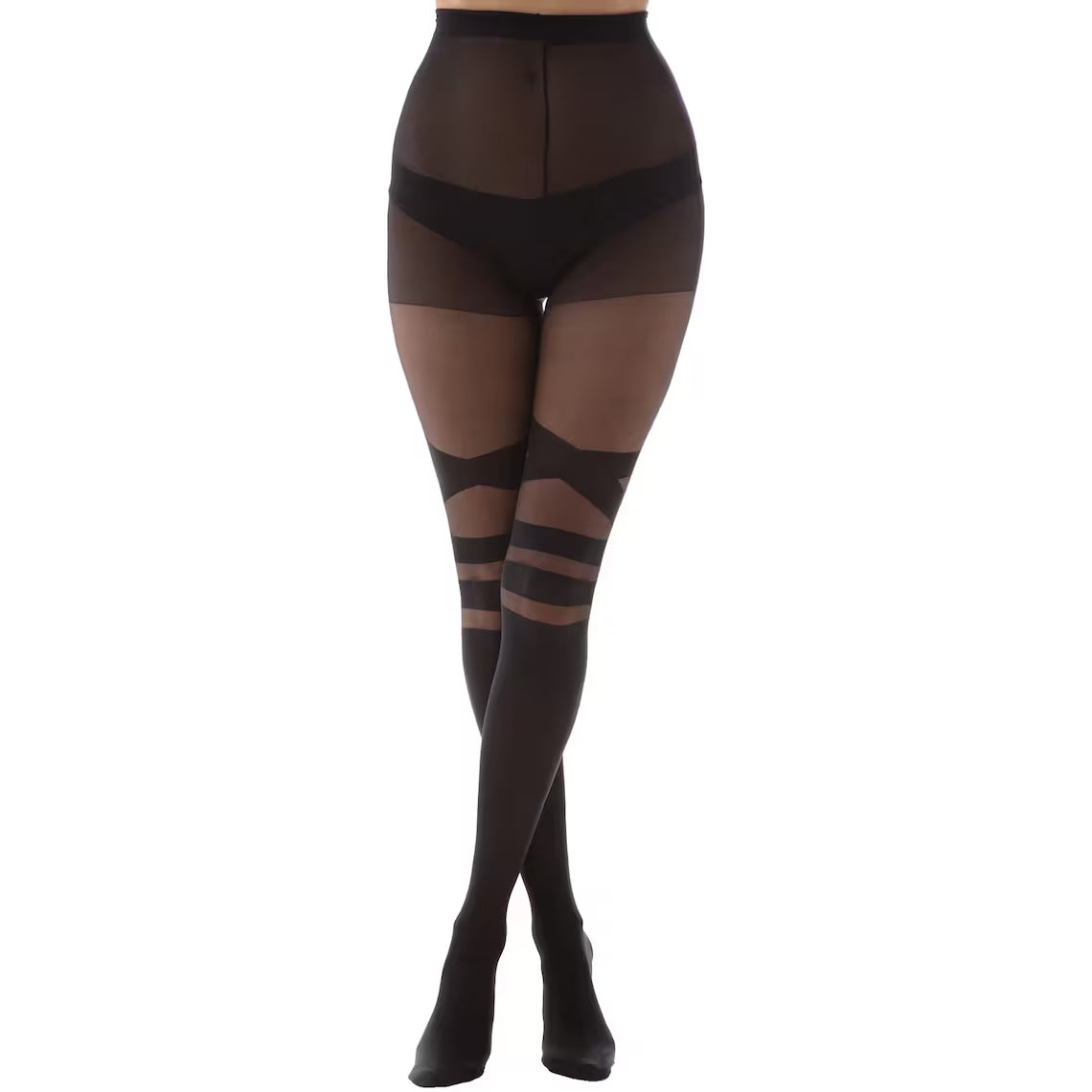Black graphic patterned tights for women with a sheer and opaque geometric illusion design by Malka Chic.