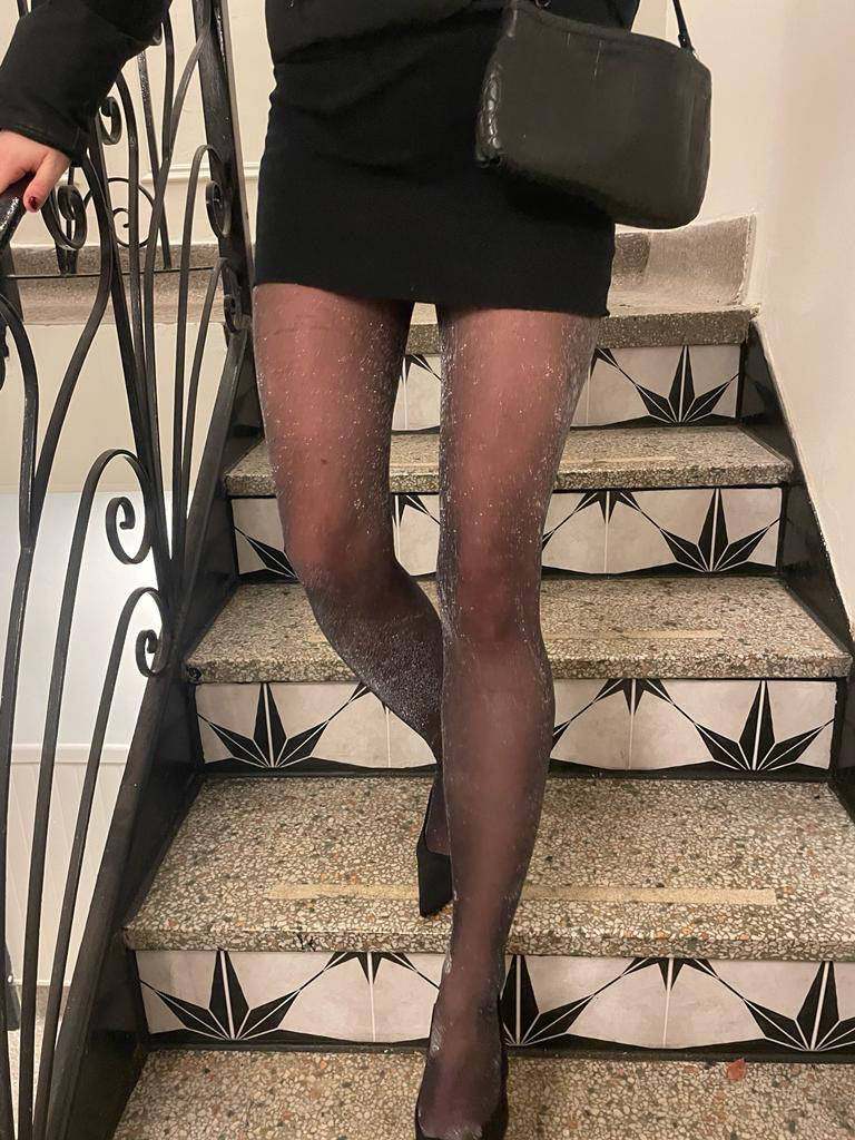 Fashion sheer black tights featuring all-over silver glitter details for a bold statement look 2