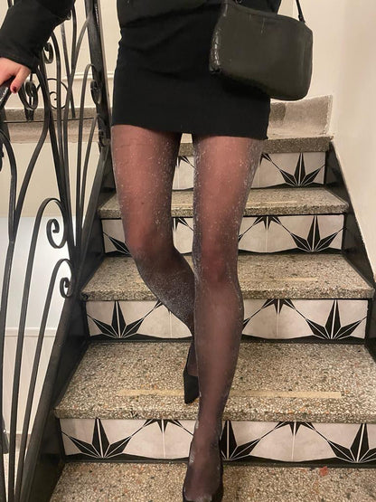 Fashion sheer black tights featuring all-over silver glitter details for a bold statement look 2