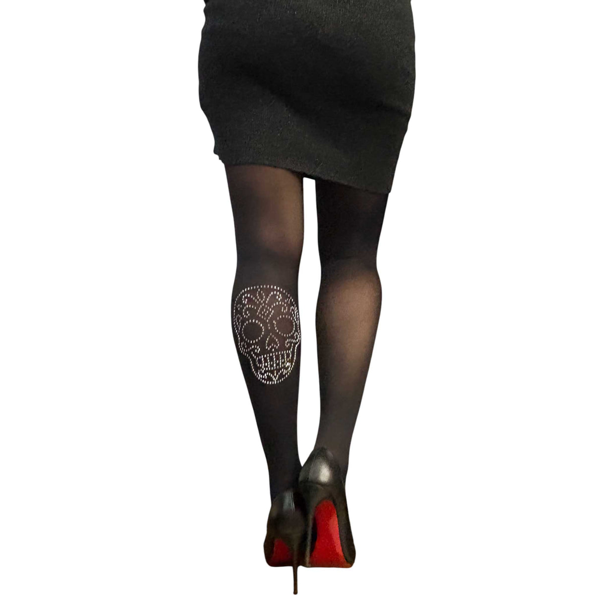Silver Sugar Skull Rhinestone Black Tights for Women by Malka Chic.