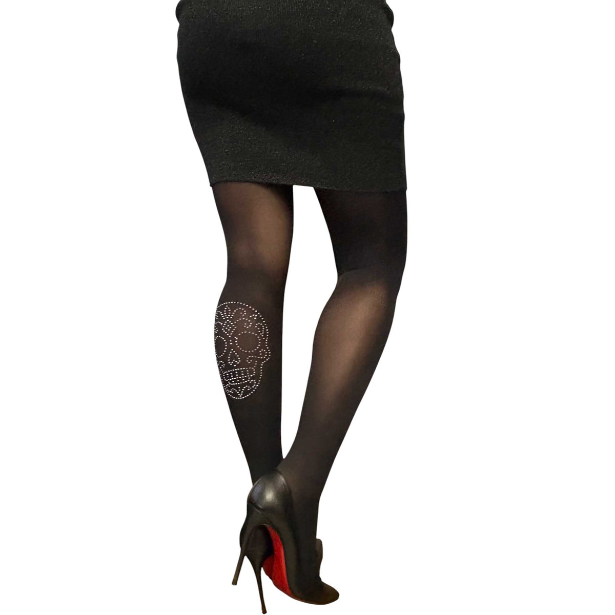 Malka Chic sheer black tights with a silver rhinestone sugar skull design on the calf.