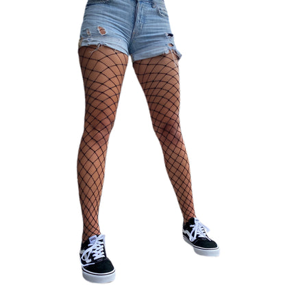 Black glitter fishnet tights for women featuring bold oversized net pattern