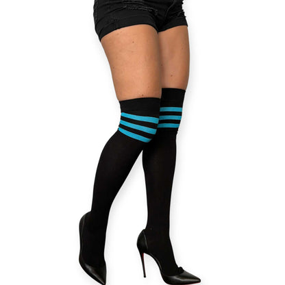 Front view of black and turquoise striped over the knee socks for women by Malka Chic with black shorts and heels.