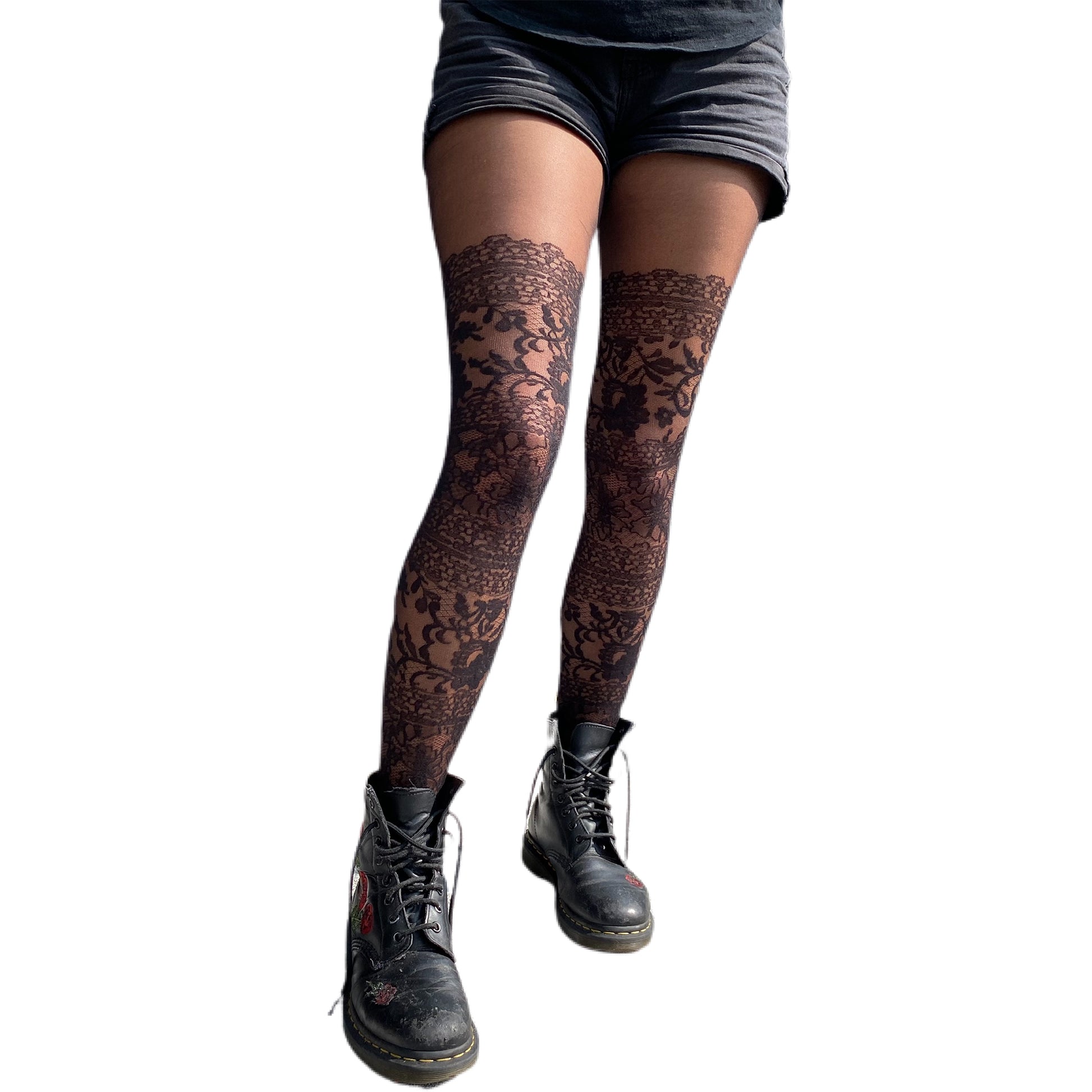 Lace thigh-high effect tights for women – black floral pattern with sheer upper
