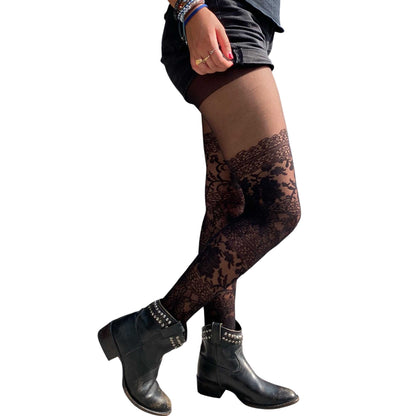 Women’s black lace patterned tights featuring faux thigh-high floral detail