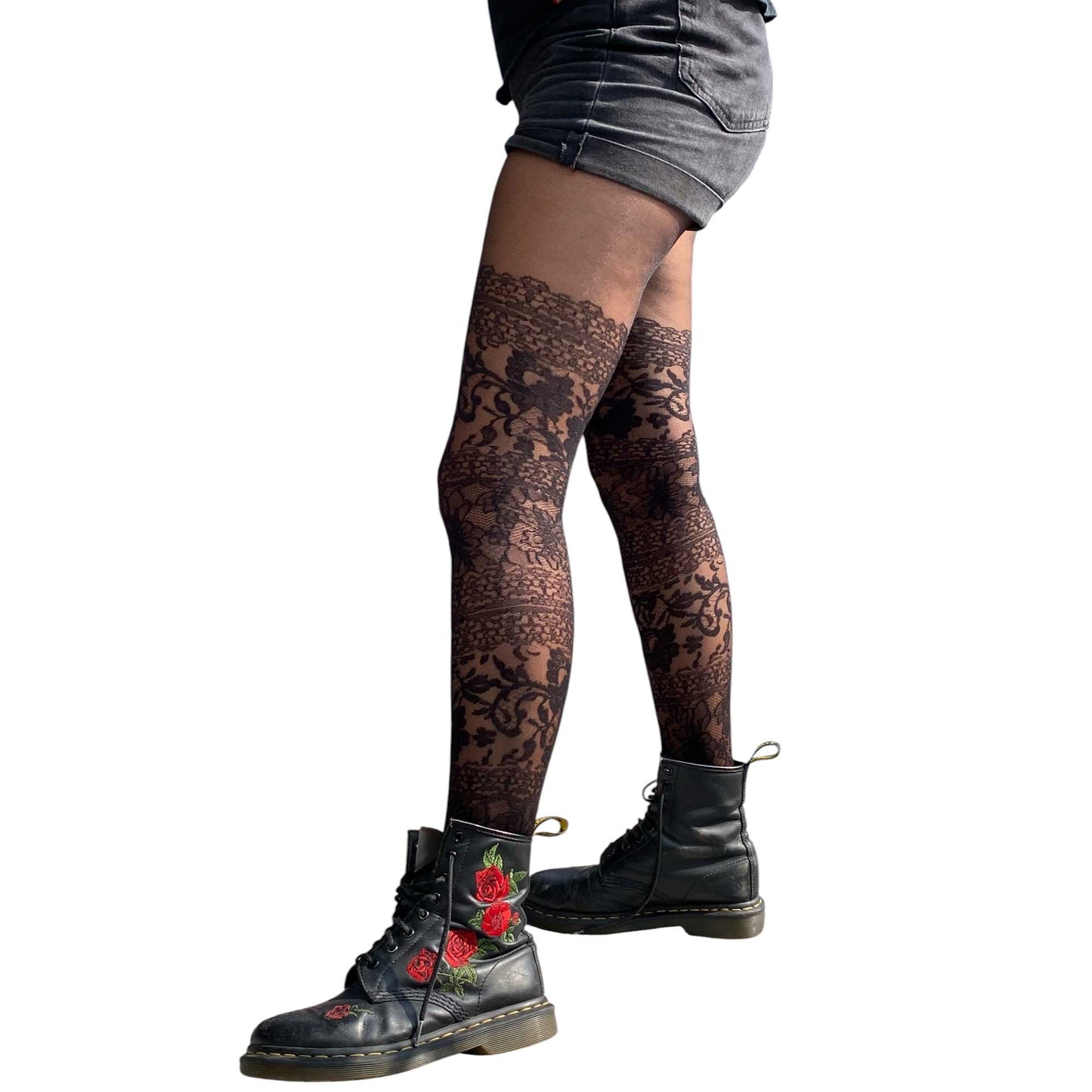 Sheer black tights with floral lace thigh-high illusion and feminine styling