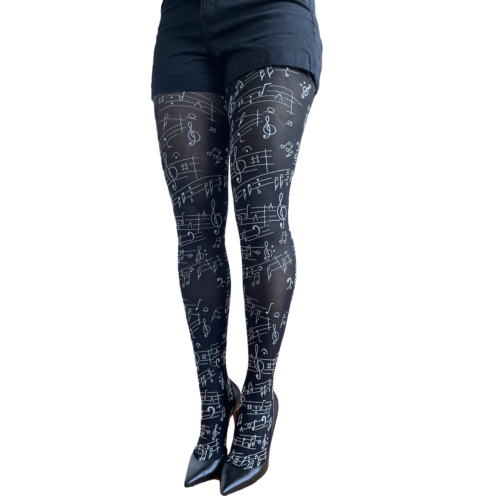 Women wearing black music pattern tights – creative outfit