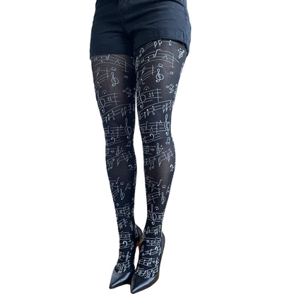 Women wearing black music pattern tights – creative outfit