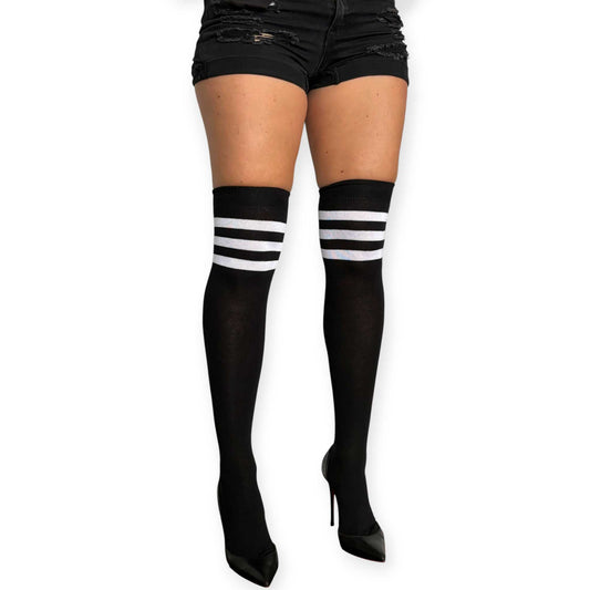 Black and white striped over the knee socks for women by Malka Chic with three bold white bands at the top.