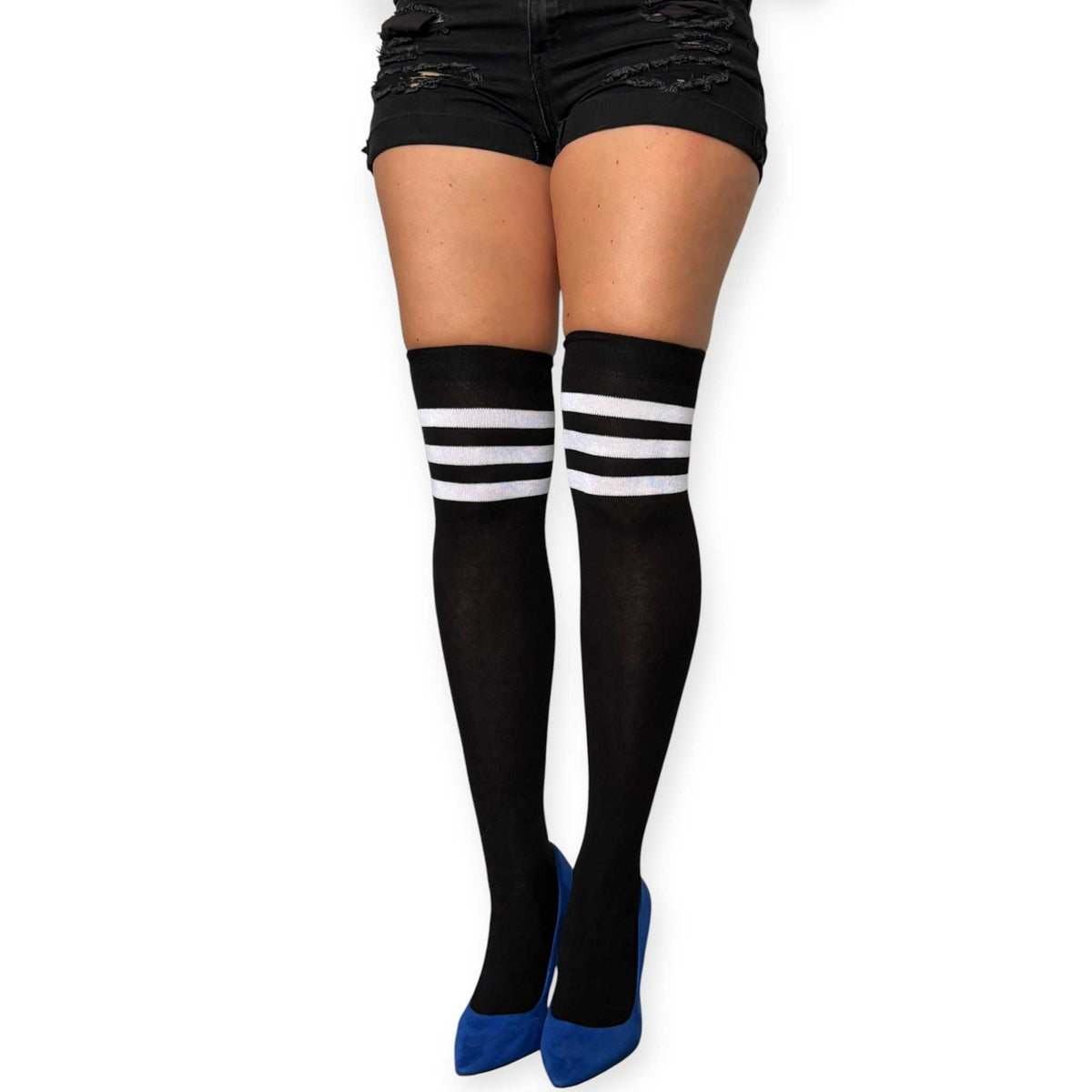Malka Chic black over the knee socks for women with white horizontal stripes and an opaque finish.