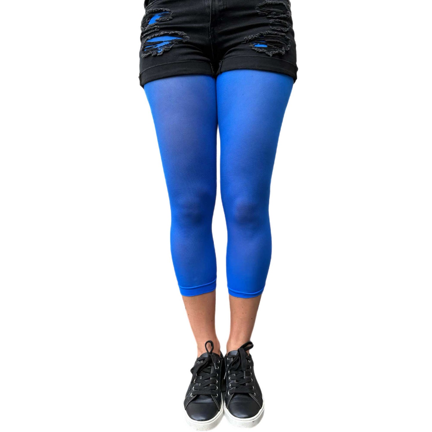 Blue 40 denier footless tights styled for casual and dressy outfits
