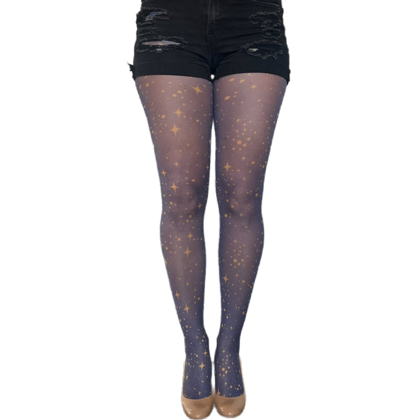 Navy tights with gold star pattern by Malka Chic, celestial design hosiery for stylish and modern outfits.