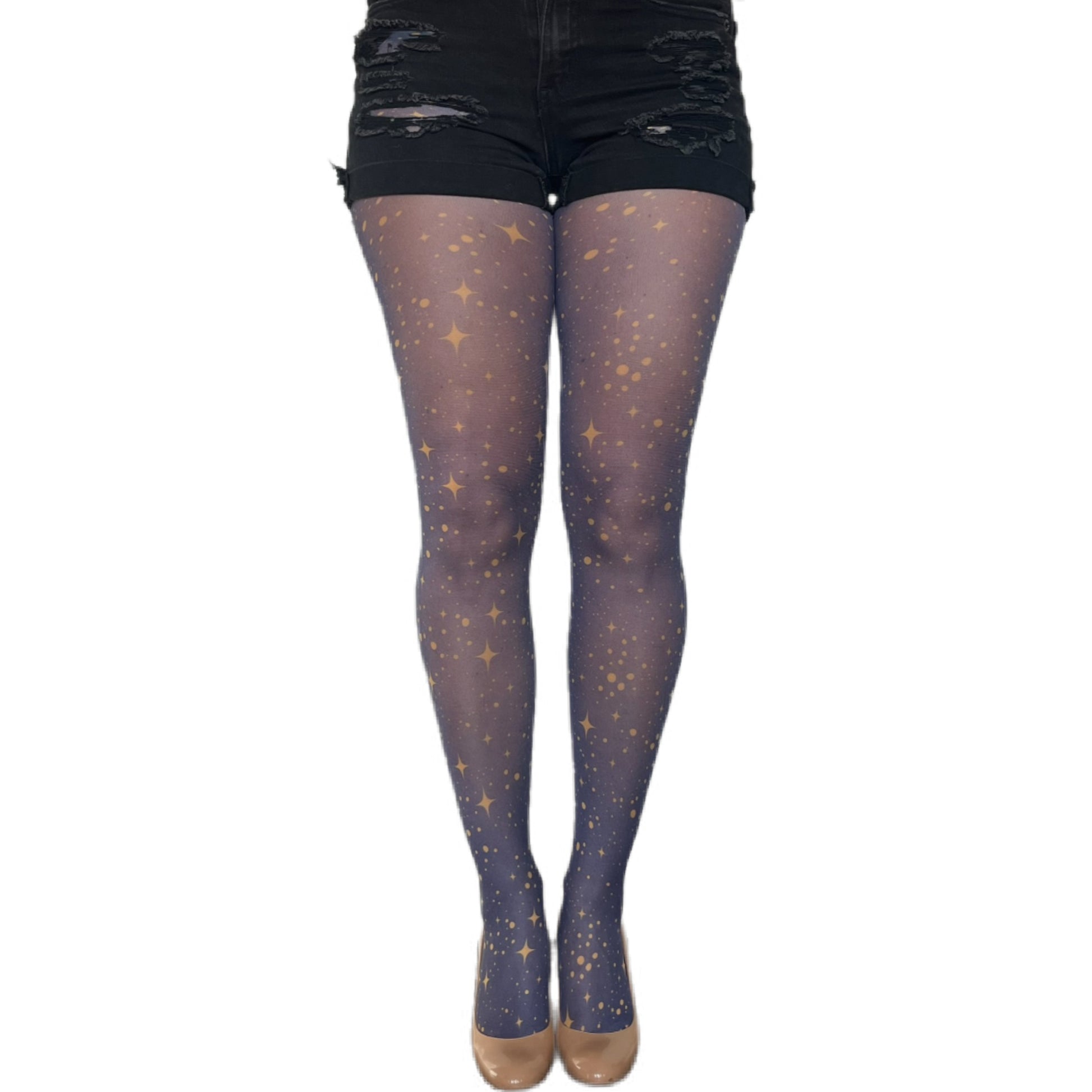 Navy tights with gold star pattern by Malka Chic, celestial design hosiery for stylish and modern outfits.