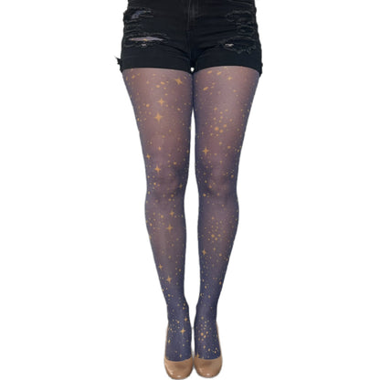 Navy tights with gold star pattern by Malka Chic, celestial design hosiery for stylish and modern outfits.