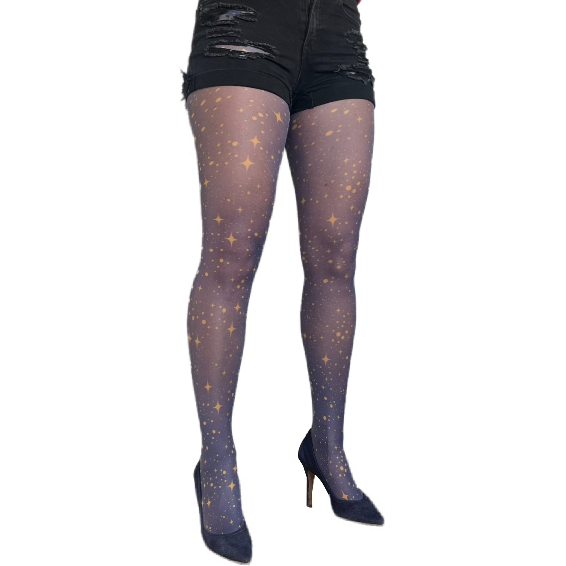 Malka Chic navy tights with gold star print, celestial patterned hosiery for everyday and evening looks.