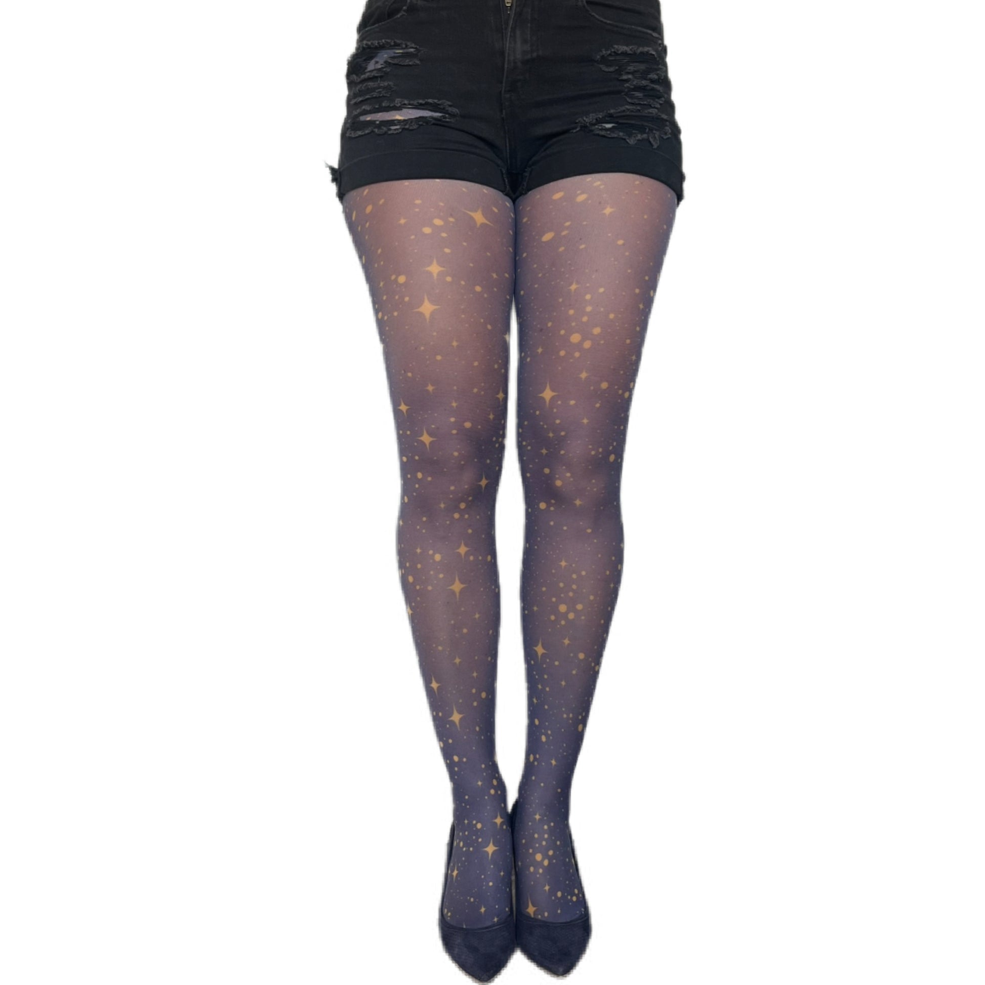 Navy blue tights with gold stars for women by Malka Chic, cosmic inspired patterned hosiery.