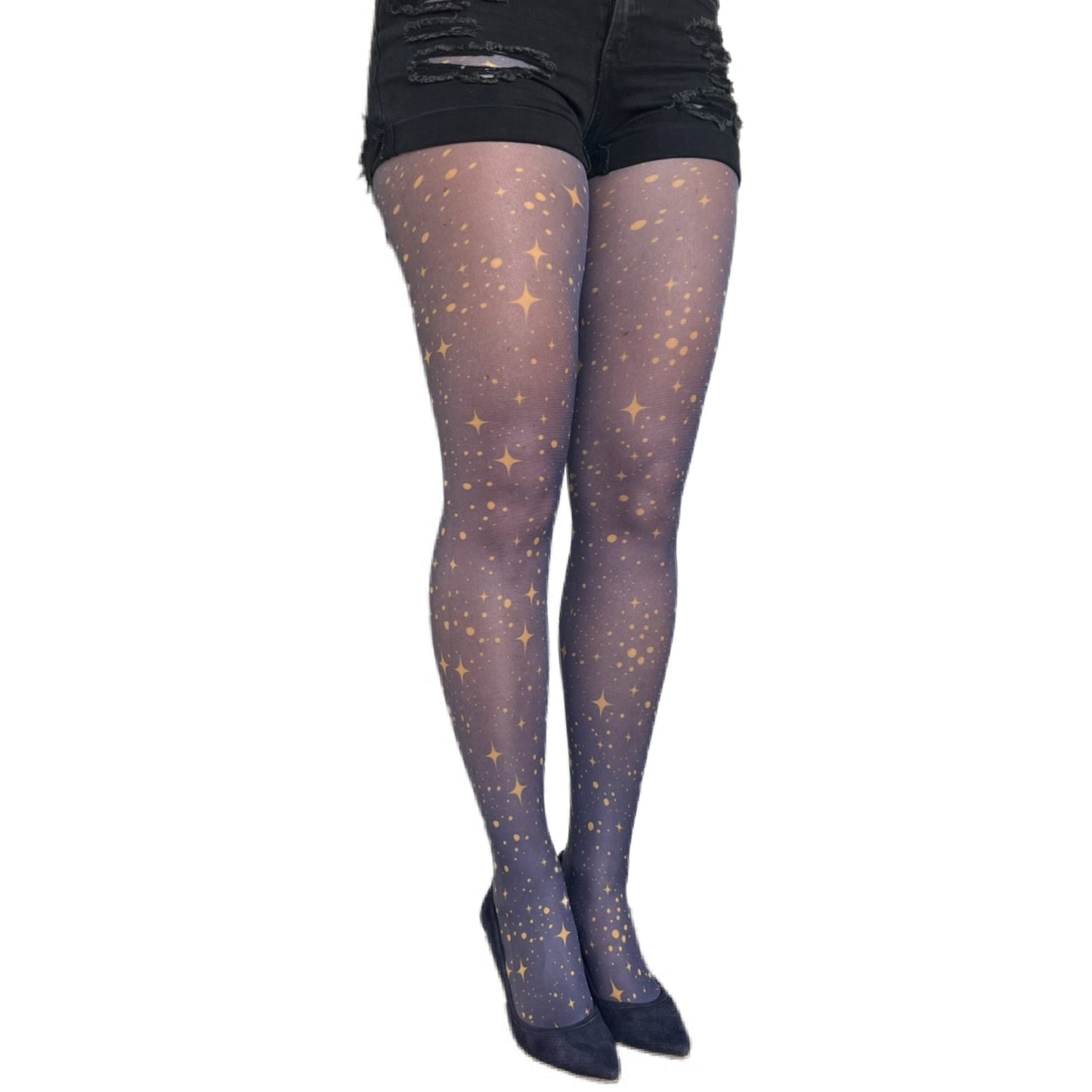 Navy gold star patterned tights for women by Malka Chic, celestial design hosiery for stylish outfits.