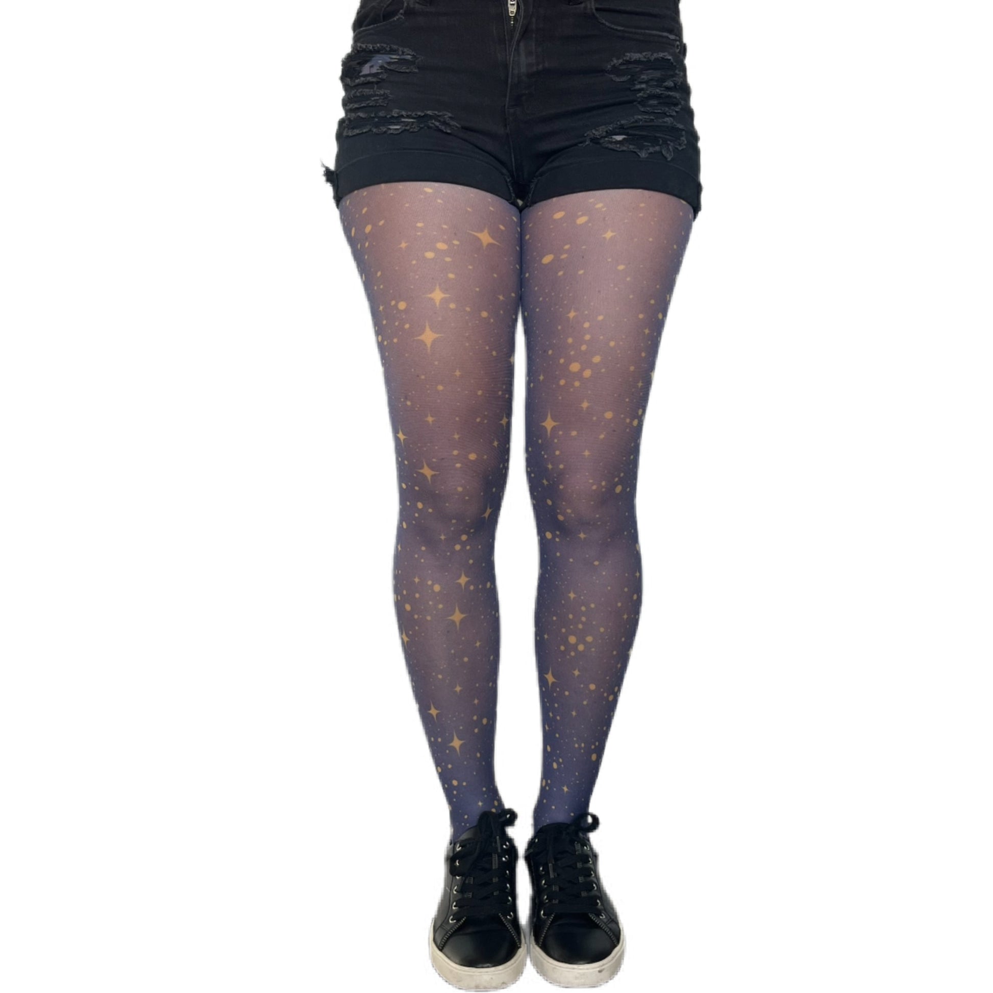 Gold star print navy tights by Malka Chic, celestial patterned hosiery for bold and elegant outfits.