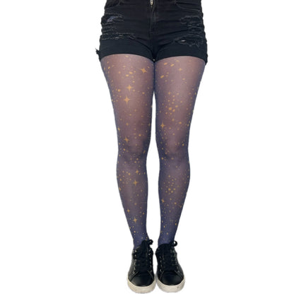 Gold star print navy tights by Malka Chic, celestial patterned hosiery for bold and elegant outfits.
