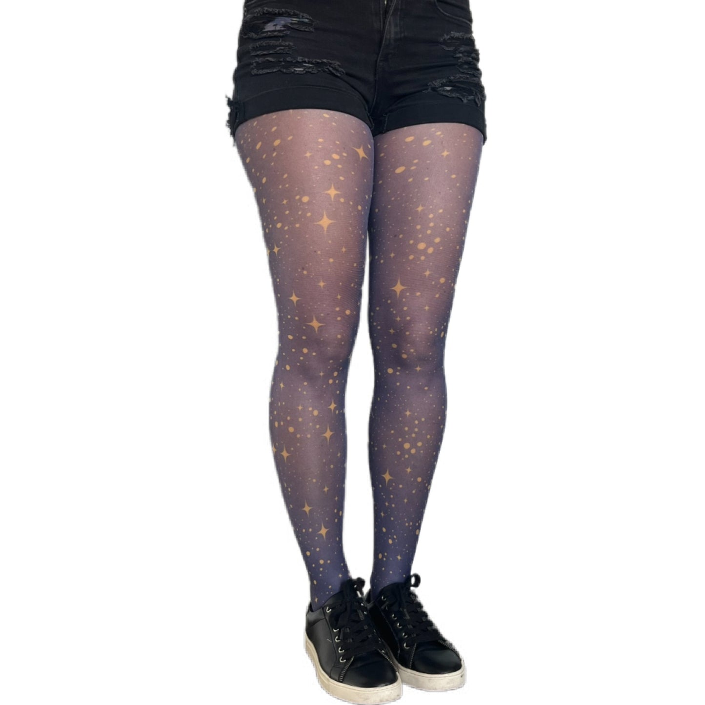 Malka Chic navy star tights for women, gold celestial pattern hosiery for standout fashion looks.