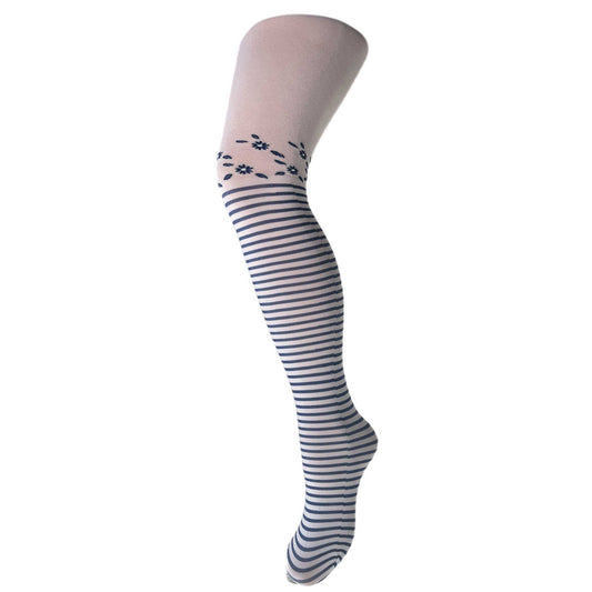 White kids tights with navy stripes – girls patterned tights