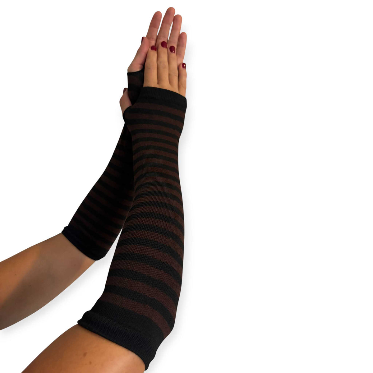 Malka Chic women’s brown and black striped fingerless gloves with thumb openings and extended length.
