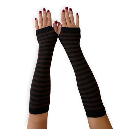 Long brown and black striped arm warmers for women by Malka Chic with fingerless glove design.