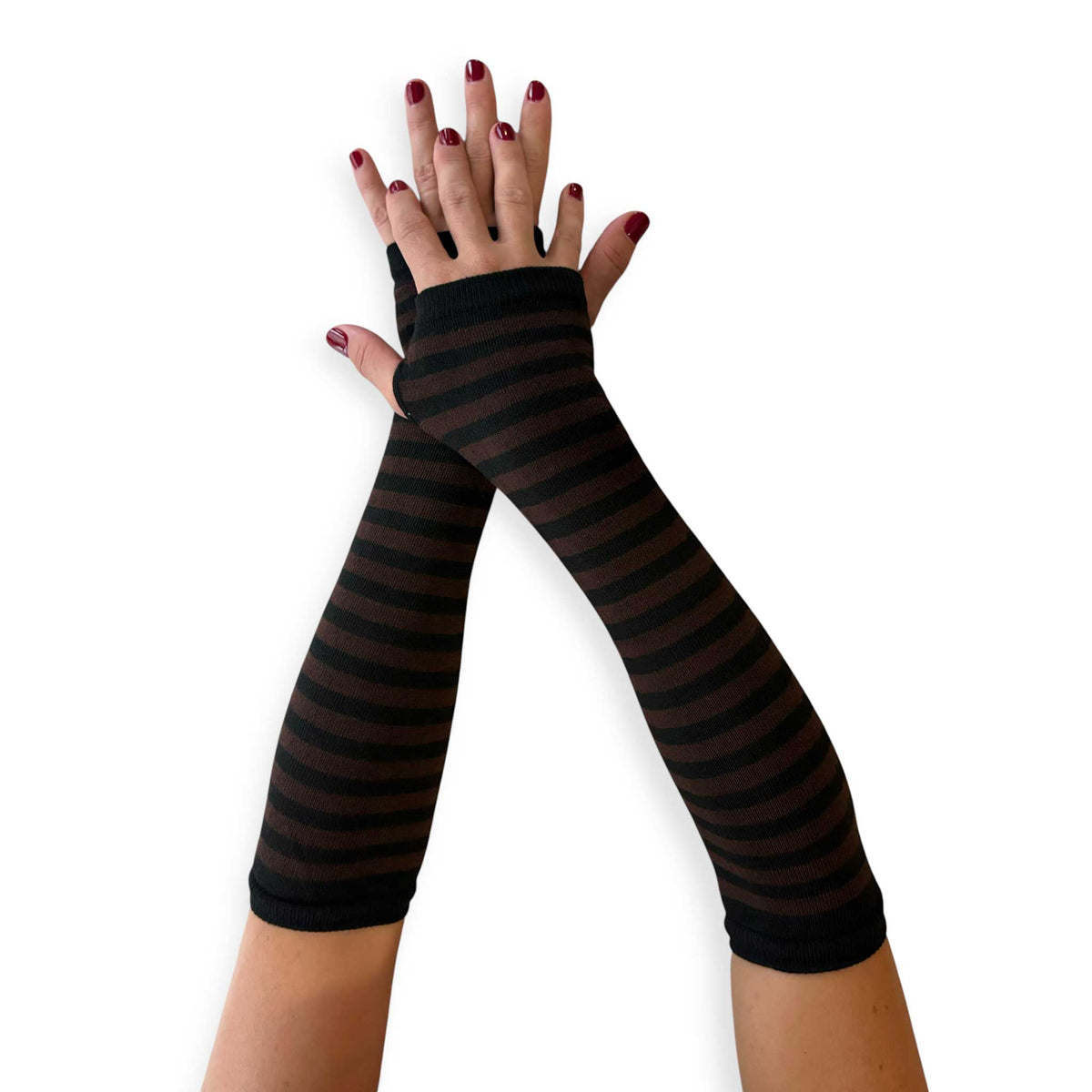 Women’s striped fingerless gloves by Malka Chic featuring alternating brown and black bands.